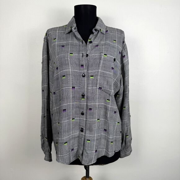80s 90s Blouse – Black White Plaid Button Up Shirt, Purple Green Embroidery - Picture 1 of 16